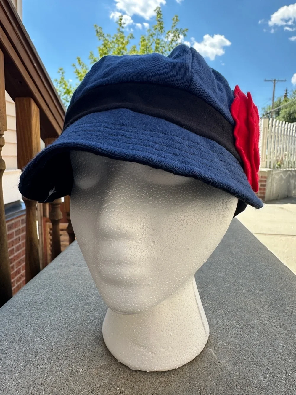 100% Organic Cotton stretch cap baseball style hat navy Blue Red flower accent